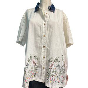 VTG 90s Bobbie Brooks White Floral Embroidery Button Down Shirt Size 18/20 Plus